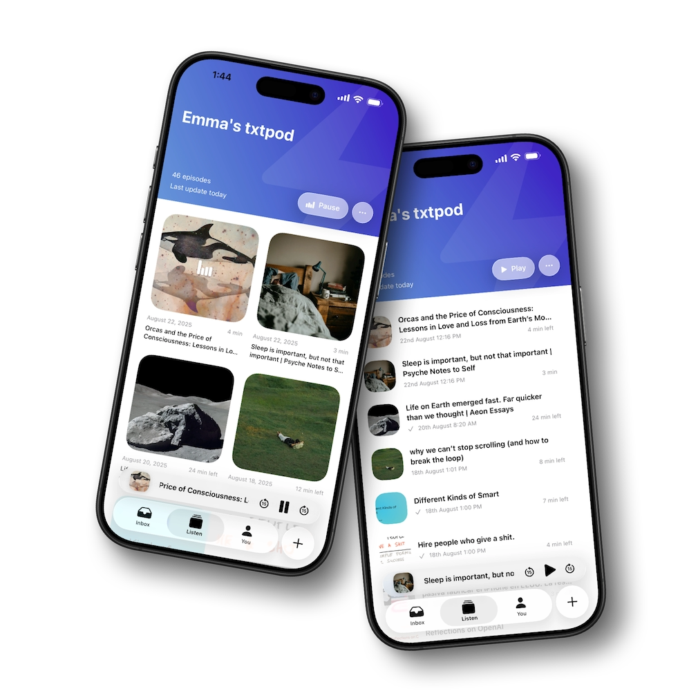 txtpod inbox and episode list with saved articles