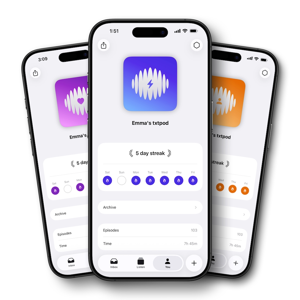 Custom podcast covers, streaks and listening stats in txtpod